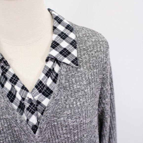 Catherines Gray Black Plaid Ribbed Sweater Over Button Front 1 Piece‎ Top 1X - Picture 2 of 10